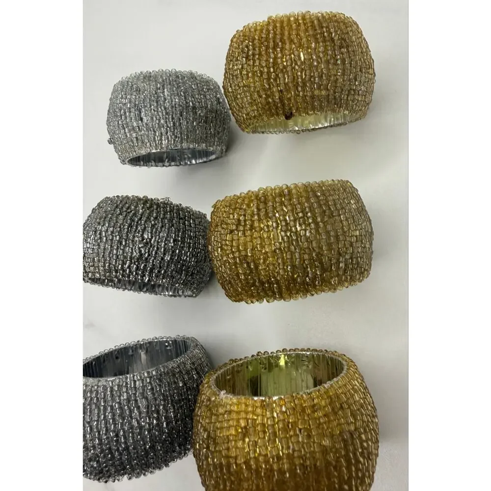 Vintage Glass Seed Bead Napkin Rings – Set of 6 (Gold & Silver Mix)